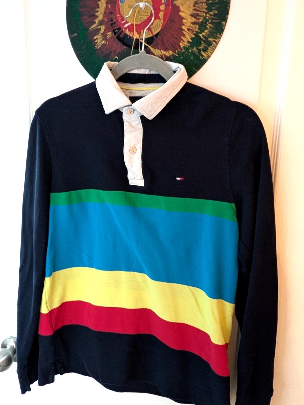Tommy Hilfiger Navy Polo with White Collar and Yellow Trim